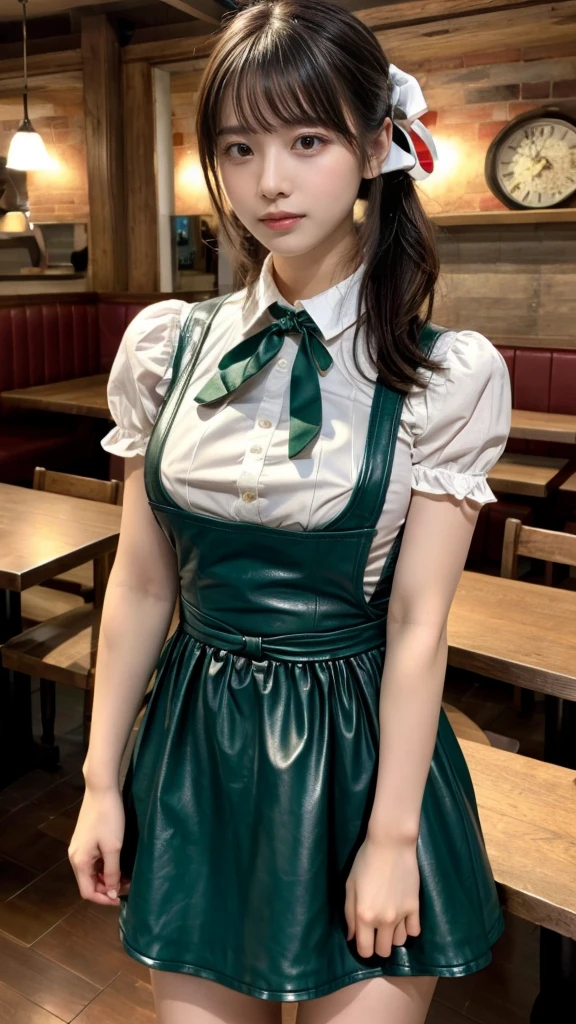 masterpiece, best quality, illustration, Super detailed, fine details, High resolution, 8K,wall paper, perfect dynamic composition, front view, close up, 18 year old girl, Gravure Idol, cute type, (Details High quality, realistic depiction of eyes:1.3), revealing clothes, low ponytail, bangs, black hair color, Dark makeup, Big Natural Color Lip, Emphasize the size of the breast, sexy body, perfect body shape, plump figure, huge breasts, Black leather jacket, BREAK (fusion of dirndl and short sleeve white collared-shirt with neck ribbon:1.4), ((A-line, underboobs, puff sleeves):1.3), ((deep-green Pinafore):1.3), thighs skin, Restaurant, Serving customers inside the restaurant.