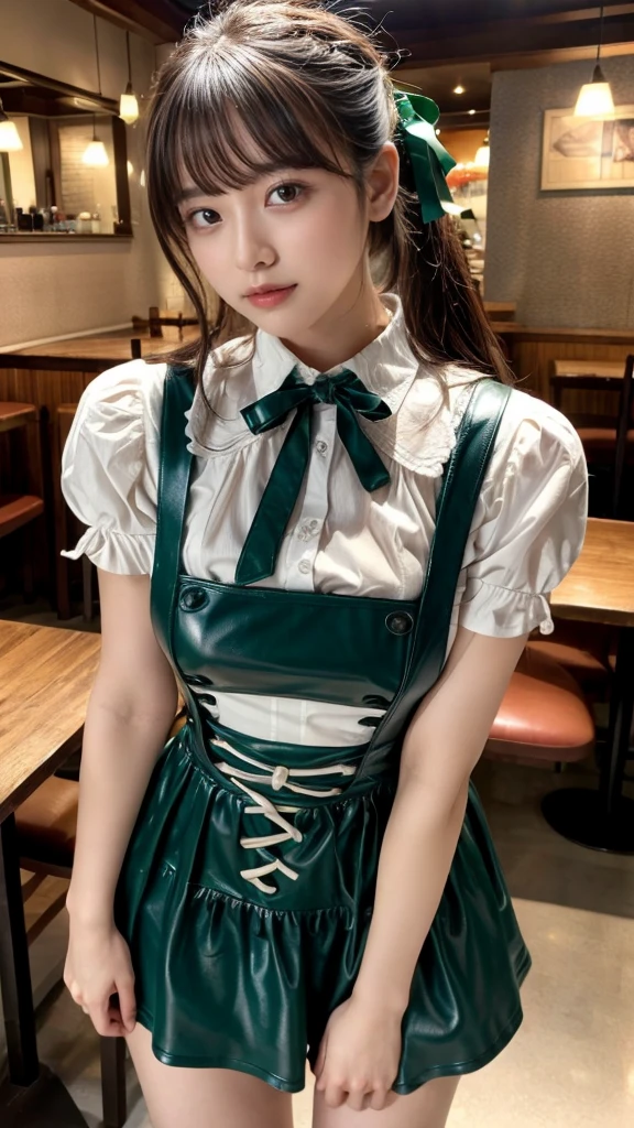 masterpiece, best quality, illustration, Super detailed, fine details, High resolution, 8K,wall paper, perfect dynamic composition, front view, close up, 18 year old girl, Gravure Idol, cute type, (Details High quality, realistic depiction of eyes:1.3), revealing clothes, low ponytail, bangs, black hair color, Dark makeup, Big Natural Color Lip, Emphasize the size of the breast, sexy body, perfect body shape, plump figure, huge breasts, Black leather jacket, BREAK (fusion of dirndl and short sleeve white collared-shirt with neck ribbon:1.4), ((A-line, underboobs, puff sleeves):1.3), ((deep-green Pinafore):1.3), thighs skin, Restaurant, Serving customers inside the restaurant.