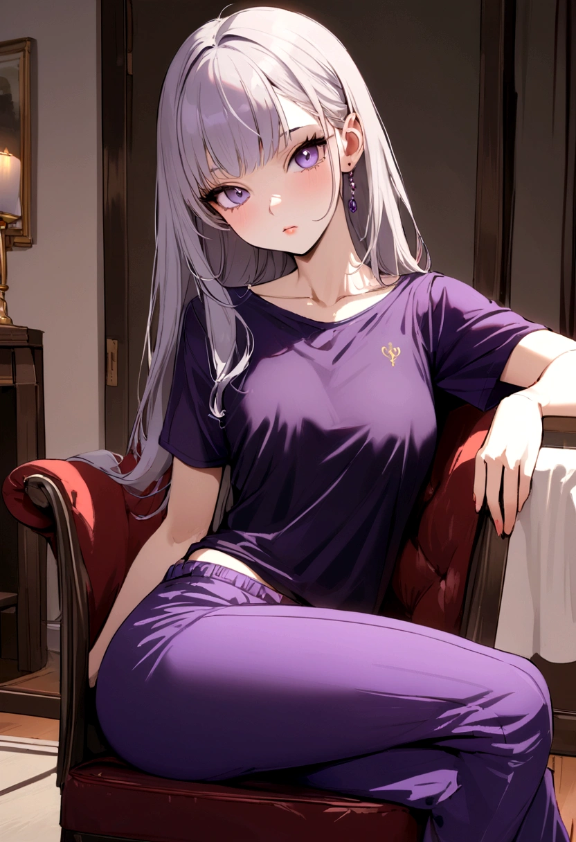 Russian girl, 20 years old, Sexy, Purple velvet pants velvet t-shirt Sitting on a chair In the living room