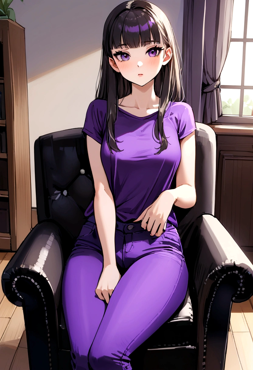 Russian girl, 20 years old, Sexy, Purple velvet pants velvet t-shirt Sitting on a chair In the living room