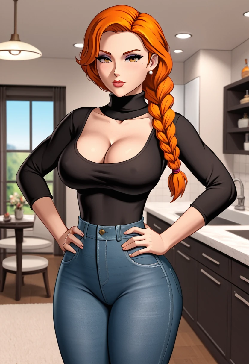 1 female, hourglass figure, pouty look, housewife, cleavage, Black turtleneck, small waist, thick thighs, orange hair, braided, hands on hips, tight jeans, masterpiece, 4k.
