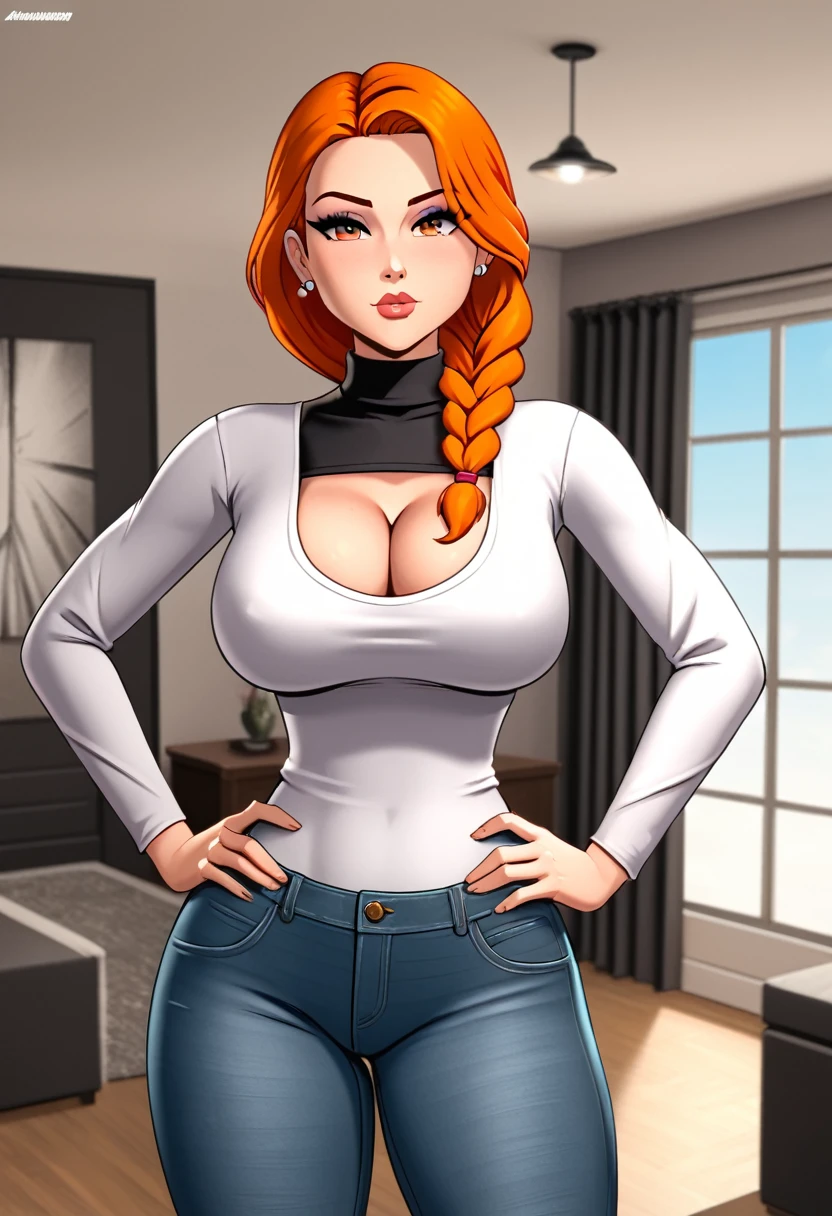 1 female, hourglass figure, pouty look, housewife, cleavage, Black turtleneck, small waist, thick thighs, orange hair, braided, hands on hips, tight jeans, masterpiece, 4k.