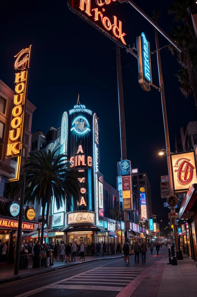 A stunning nighttime photograph of the Hard Rock Cafe on Hollywood Boulevard, Los Angeles, California. The sidewalk is adorned with iconic Hollywood stars, and the cinematic lighting creates a vibrant atmosphere. The city street is bustling with activity, and the Hard Rock Cafe's signature guitar-shaped sign stands out prominently. The image, with its ISO 100 and wide-angle view, captures the essence of Los Angeles at night, showcasing the glamour and excitement of the city., cinematic, photo