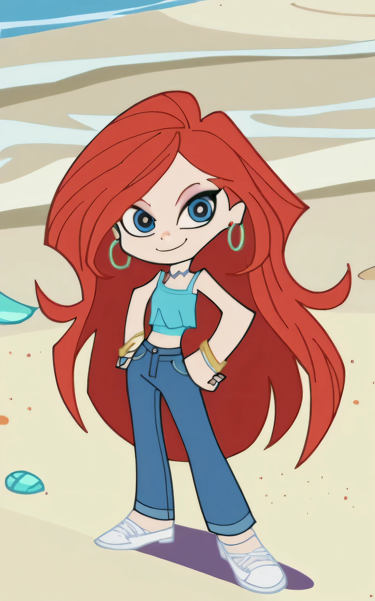 p&s style, rating_safe, score_10, sharp, anime screencap, flat shadows, flat colors, chelsea, 1girl, midriff, upper body, choker, smile, jewelry, very long hair, standing, red hair, earrings, shoes, pants, blue eyes, aqua ruffle crop top, denim, blue nails, jeans, hoop earrings, blue pants, beach background, looking at viewers, solo, white shoes, full body, hands on hip