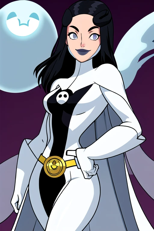 Phantom girl, Tinya Wazzo, solo, girl1, black hair, bodysuit. grey eyes, smile, ghost logo, legs, grey lips, belt, white cape, white gloves, cowboy shot, looking at viewer