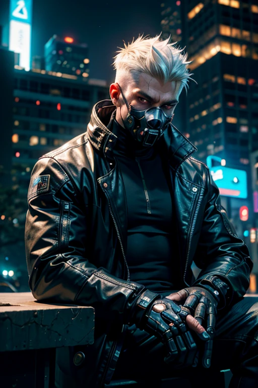 "Dark Theme :: close up face focus, Ultra realistic futuristic cyberpunk muscular man white hair sitting :: cyberpunk face (Cyber Eye) :: Cool Cyberpunk Jacket、:: Upper body naked:: Mechanically complex mask :: Natural light :: Bokeh :: 8K :: Highest quality :: masterpiece :: Futuristic cityscape background",The whole body is shown,Seeking help,I want to be listened to.