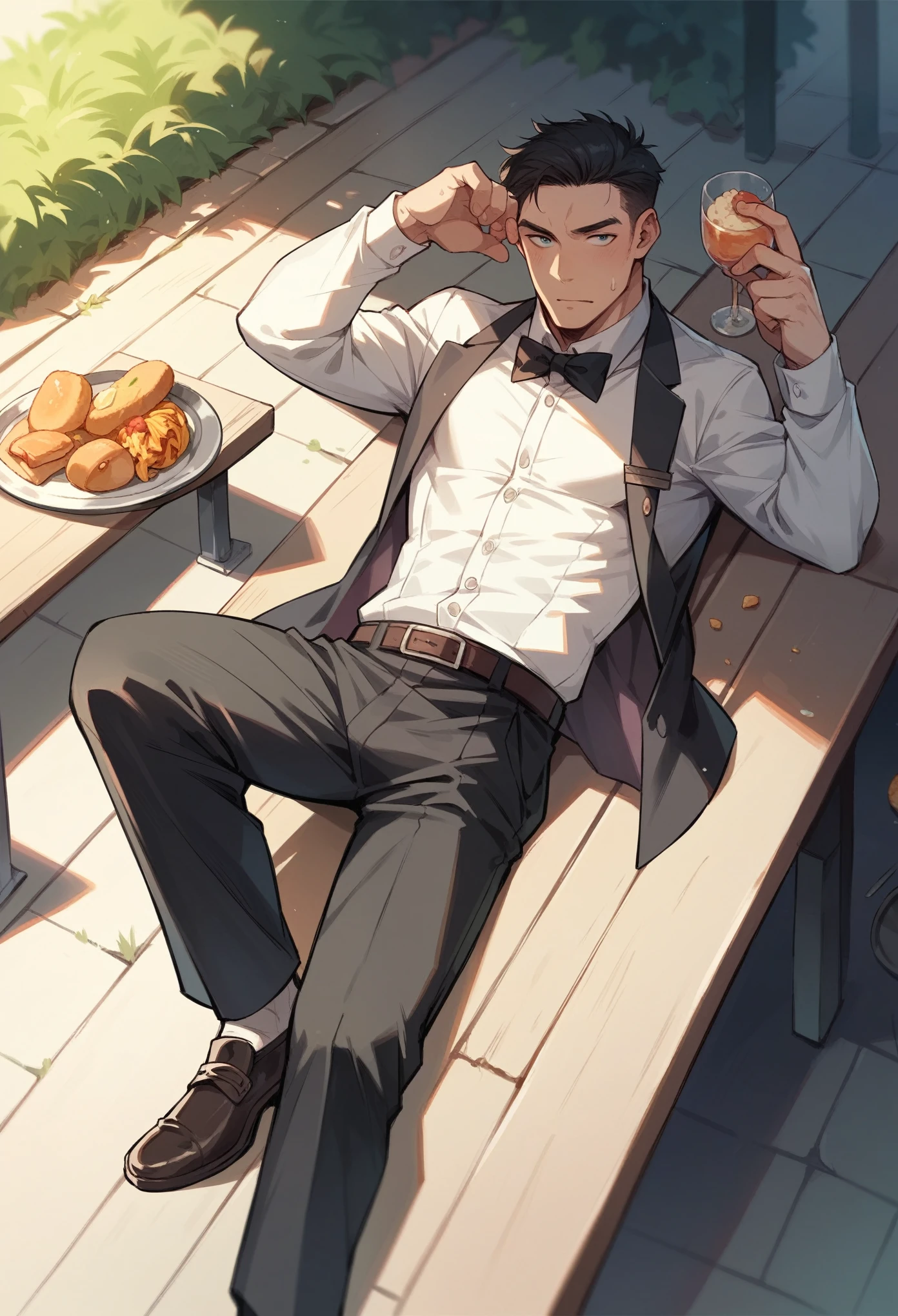 Man lying on a bench, Next to him is a butler holding a tray of food., Ultra-realism.