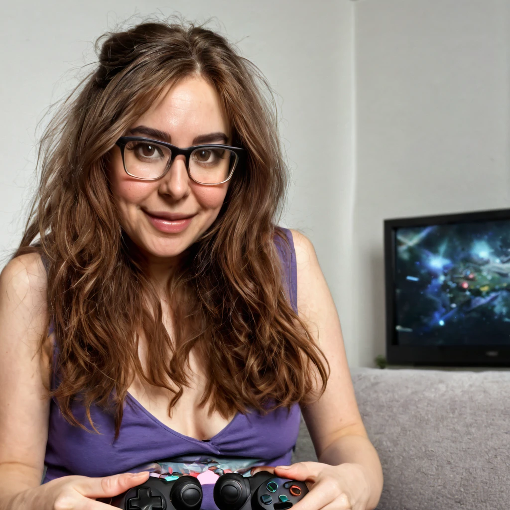 bearded woman, long frizzy brown hair, wears glasses, geek nerd, plays video games