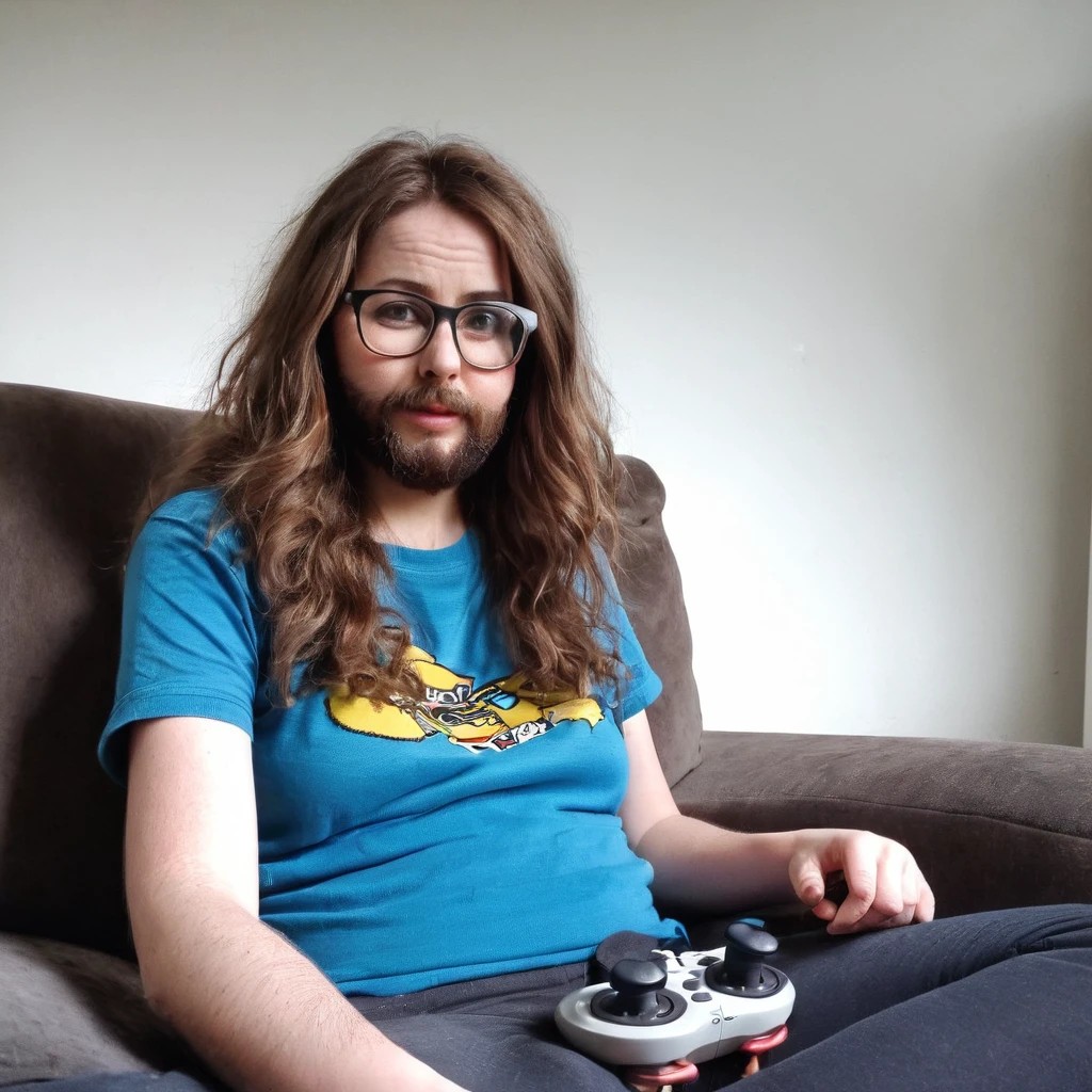 bearded woman, long frizzy brown hair, wears glasses, geek nerd, plays video games