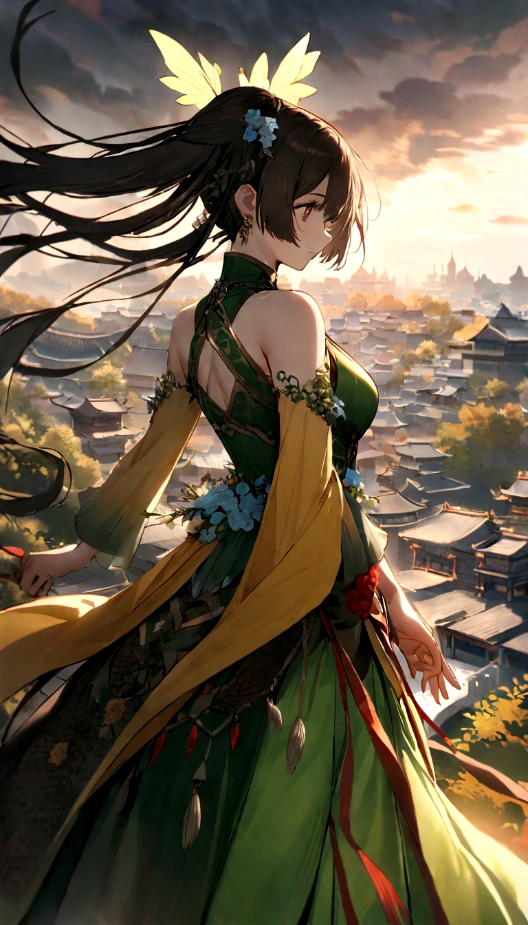 The back view of Tang Xuanzang, the Tang monk,Light,He looked at Chang'an City,China(Extremely detailed pictures),(8k wallpaper),(light),(Depth of Field),(The light and shadow are obvious),(Grandmaster),(Rich color expression),Realistically,masterpiece,Inspired by the song《Flower Fairy》,Rays