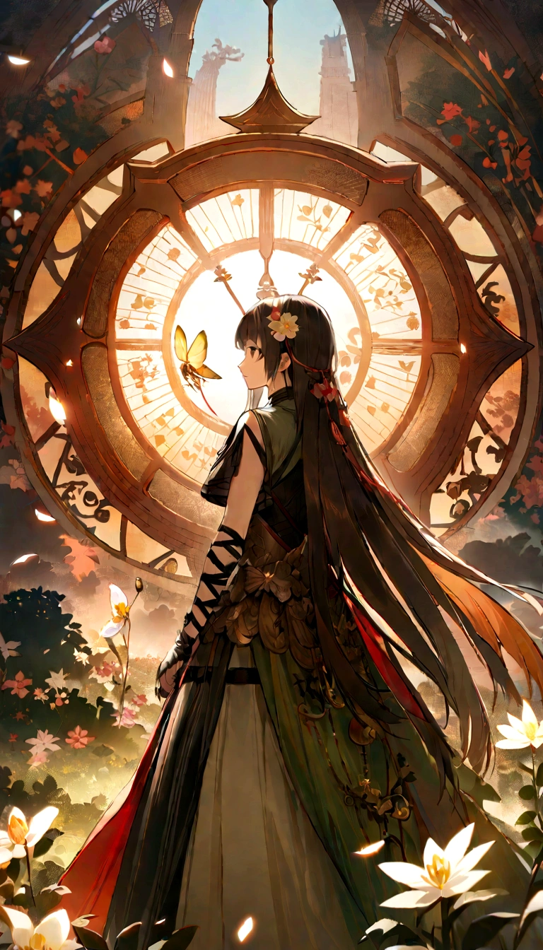 The back view of Tang Xuanzang, the Tang monk,Light,He looked at Chang'an City,China(Extremely detailed pictures),(8k wallpaper),(light),(Depth of Field),(The light and shadow are obvious),(Grandmaster),(Rich color expression),Realistically,masterpiece,Inspired by the song《Flower Fairy》,Rays