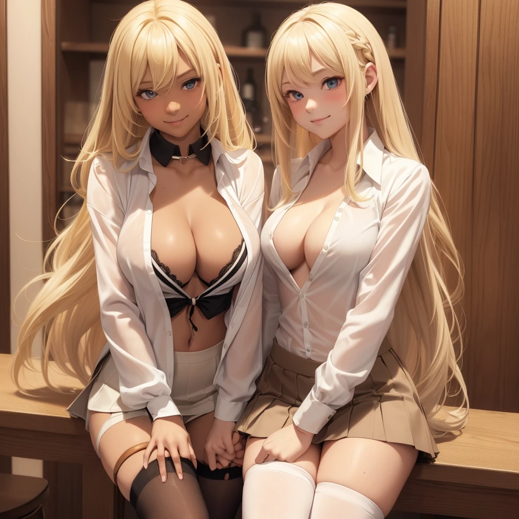 1girl only , smile, ((blond long hair,Between dates.)),(( open shirt, white collared shirt)), ((Cleavage is visible.)), medium breasts, skirt,((thigh-high socks)), shy, blushing, 1girl,((tan, dark skin)),((short sleeves))