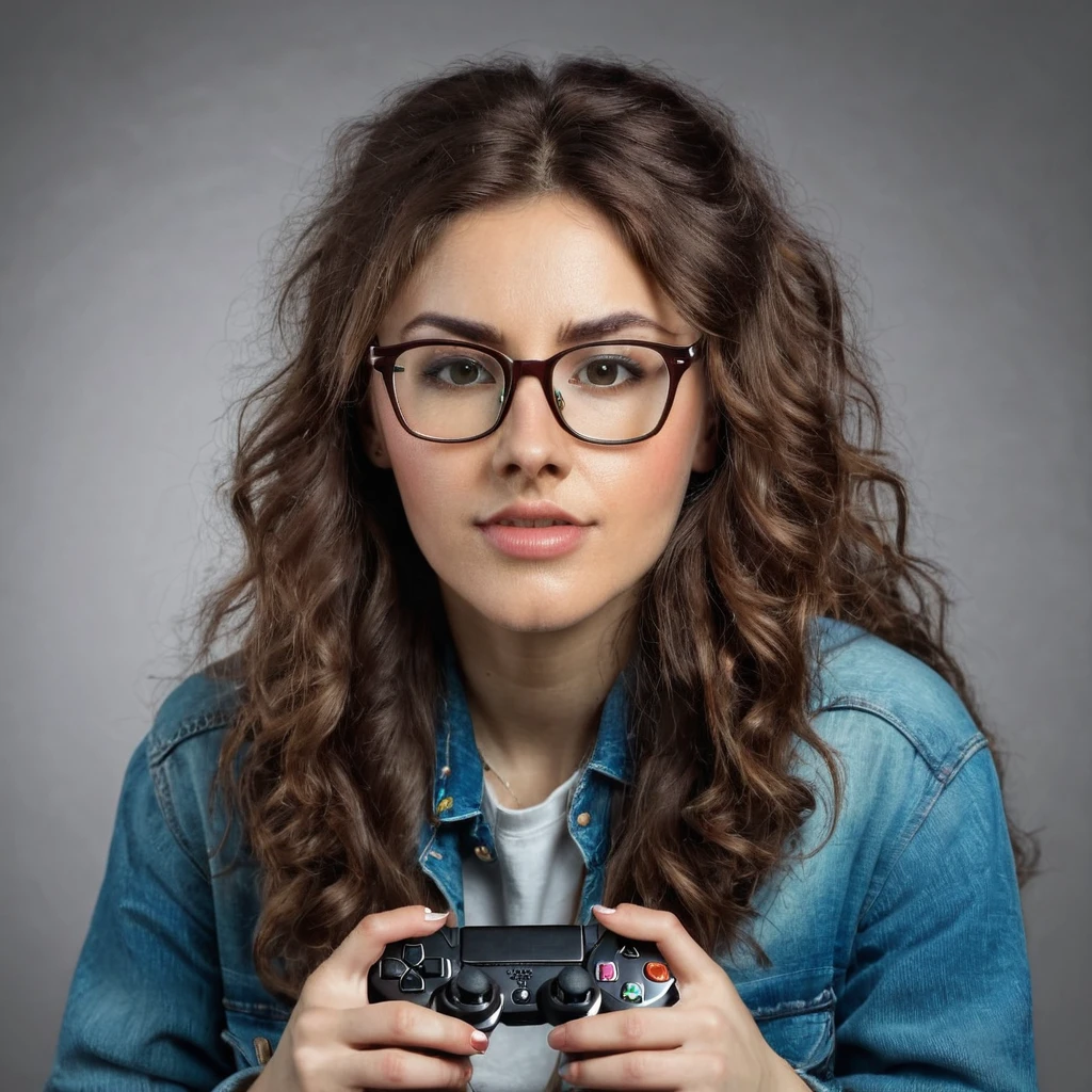 
bearded woman, long frizzy brown hair, wears glasses, geek nerd, plays video games