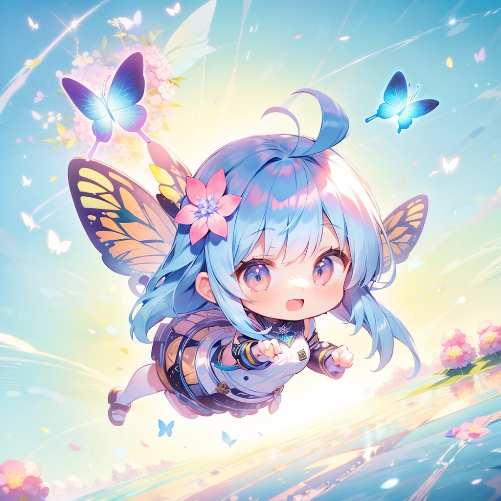 Highest quality,masterpiece,watercolor, Pastel colors, pale color, Lighten the lines, hydrangea,girl, solo, smile, Blue Hair,long hair, ((Butterfly wings)), (Floating in mid-air), flying though the air, Under no gravity, Full body,Beautiful hydrangea, Surrounded by beautiful nature, (((Chibi Character))), (((Aerial view of flowers)))