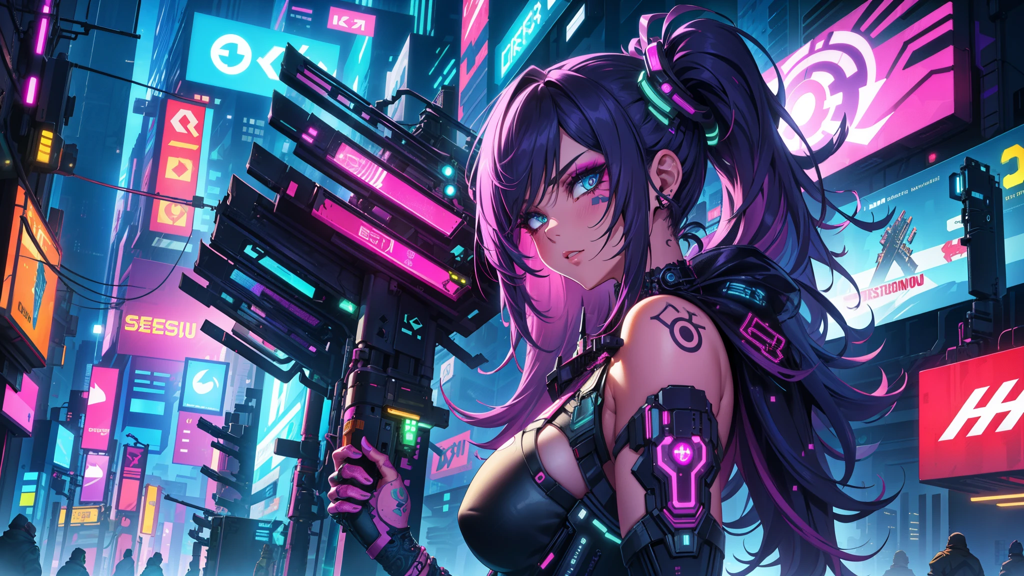 (extremely detailed CG Unity 4k wallpaper),(masterpiece),(best quality),(Ultra-detail),(best Illustration),(Best Shadow),(most absurd),(detailed background), cyberpunk girl, You look lonely, showing, From Side View, View of another, neon lights, smug facial expression, Sehr detailed face,Harajuku-inspiriertes Pop-Outfit, bold colors and patterns, eye-catching accessories, trendy and innovative hairstyle, Vibrant makeup,Dazzling cyberpunk cityscape, sky-scrapers, neon signs, LED lights, Bright and vibrant color scheme, アニメ, Illustration, detailed skin structure, detailed fabric structure, Beautiful, detailed face, Intricate detailing, ultra detailed