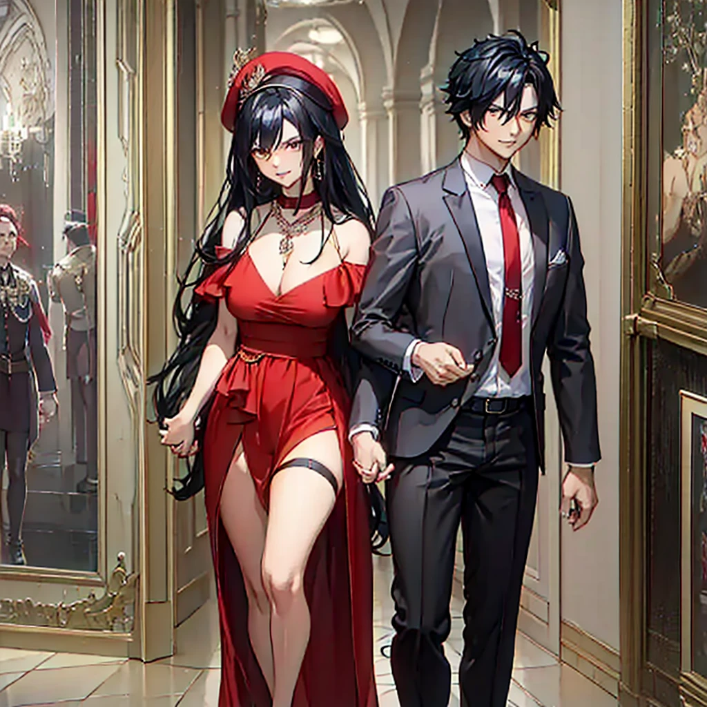 A man with his wife holding hands, Mman wearing black suit, black pants, white navy military hat, black hair, black eyes, muscular, black dress shoes, smiling, perfect face, perfect eyes) (Woman wearing red dress, exposed thigh, exposed shoulder, big breasts, long brown stockings, black hair, long hair,ahoge hair, red eyes, red necklace around the neck, golden barrette in the hair, perfect face, holding hands with the man.), in a luxurious room Spacious with marble floors, large glass windows, artistic painting on the wall.HDR, ultra resolution, well defined, masterpiece, 8K HD. (just a man and a woman)
