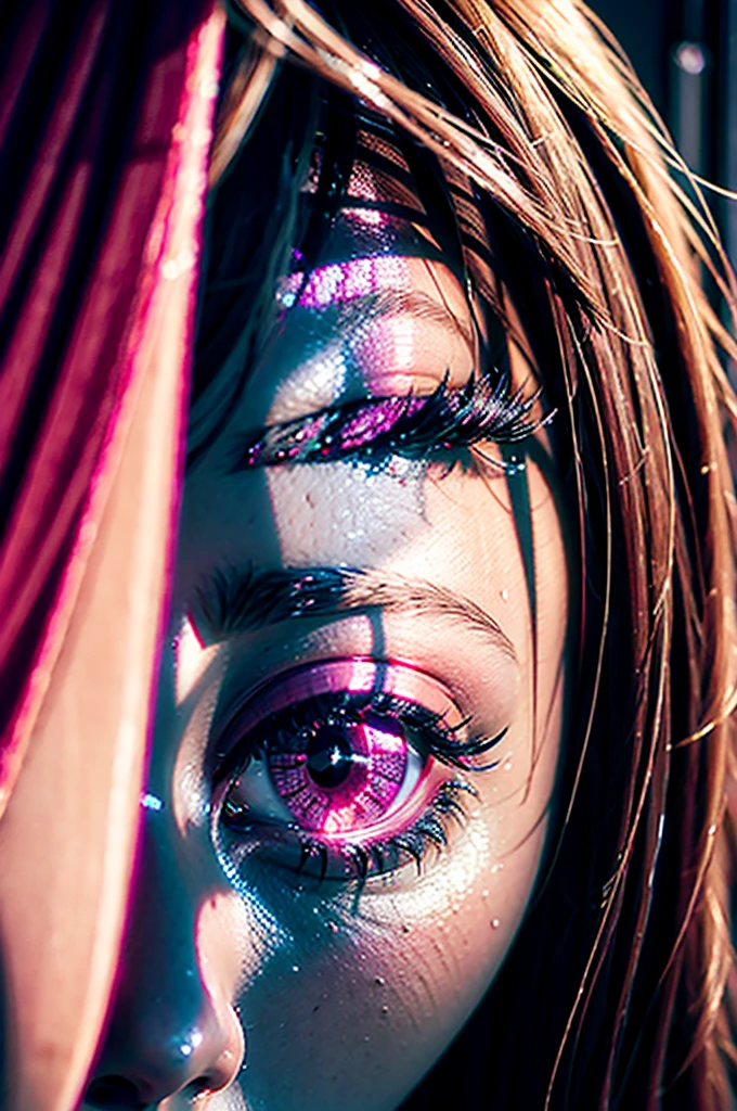 Three girls, one with DARK SKIN, DARK HAIR AND PURPLE EYES, the other with BLONDE HAIR, WITH SKIN AND GREEN EYES, and the last with PINK HAIR, TAN SKIN AND RED EYES