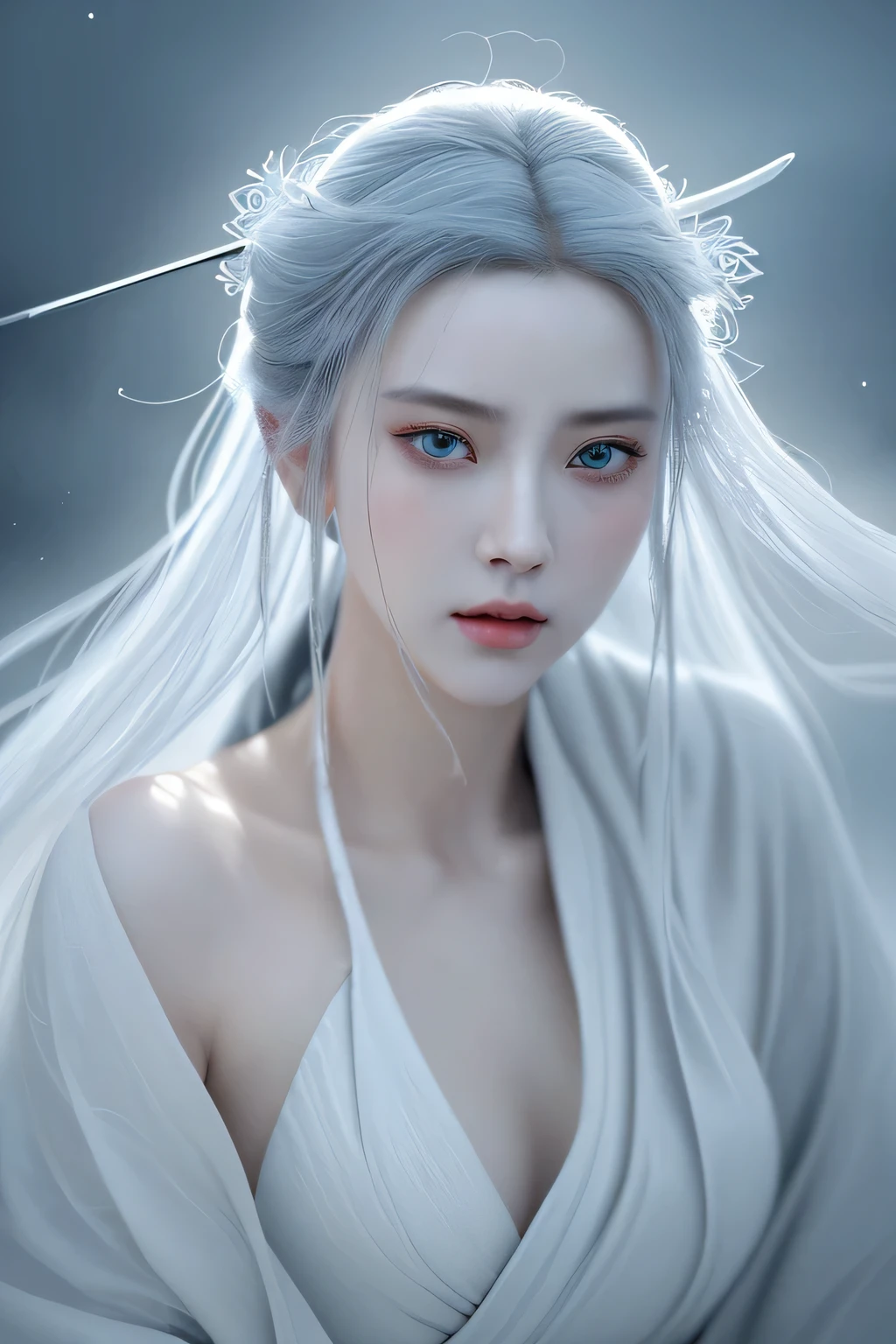 a close up of a woman with a sword in a white dress, beautiful detailed eyes,beautiful detailed lips,extremely detailed eyes and face,longeyelashes, fantasy art, artwork in the style of guweiz, guweiz, white hanfu, flowing white robes, full body wuxia, epic exquisite character art, stunning character art, beautiful female assassin, (best quality,4k,8k,highres,masterpiece:1.2),ultra-detailed,(realistic,photorealistic,photo-realistic:1.37),portrait,concept art,dynamic pose,dramatic lighting,intricate details,elegant,powerful,mesmerizing,graceful,cinematic,vibrant colors,ethereal