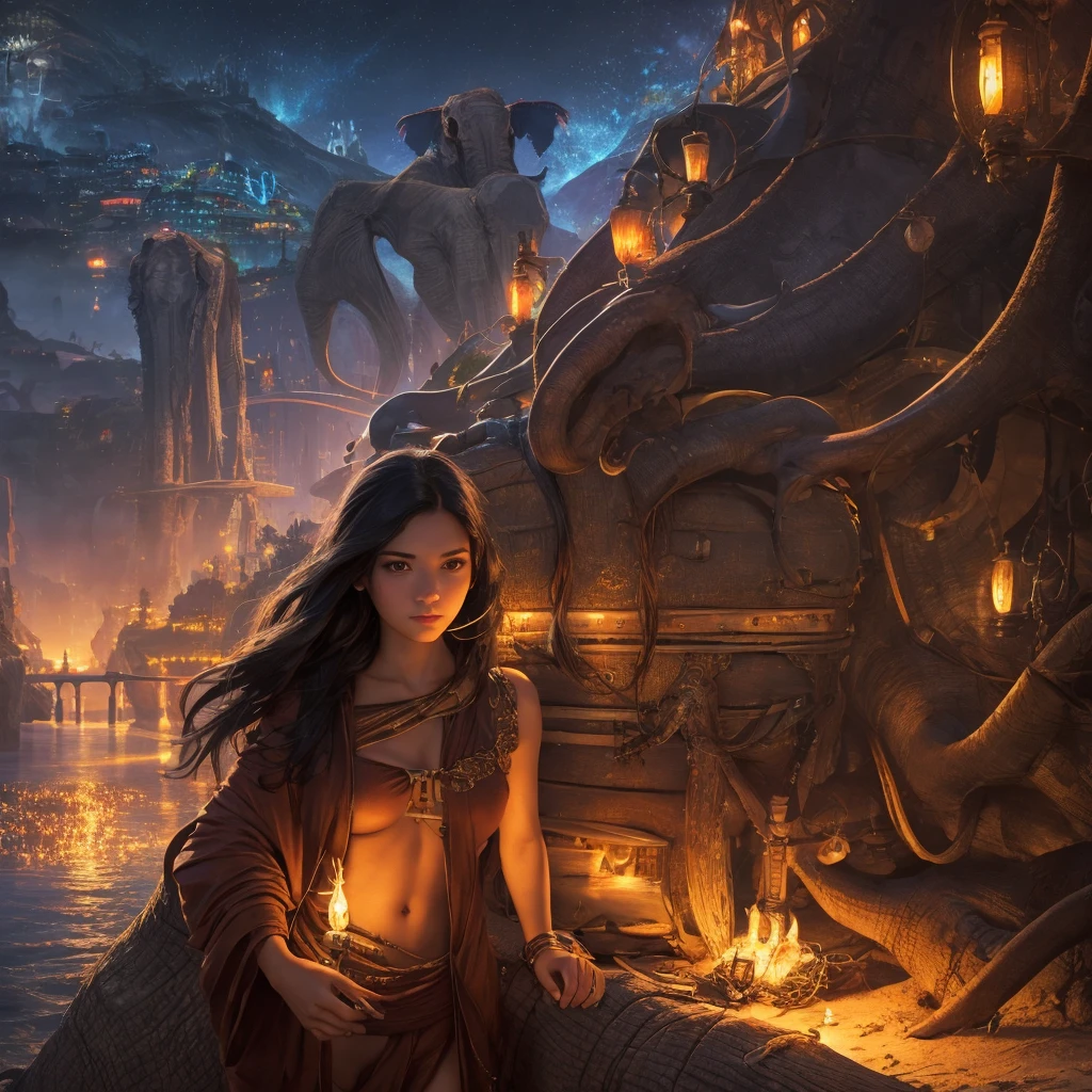 best qualityer, work of art, high resolution,, 1 girl, face detailed, (trunk:1.6), Cyber cities, mountains and rivers, natta, firefly lights, realisitic,black hair,and brown eyes