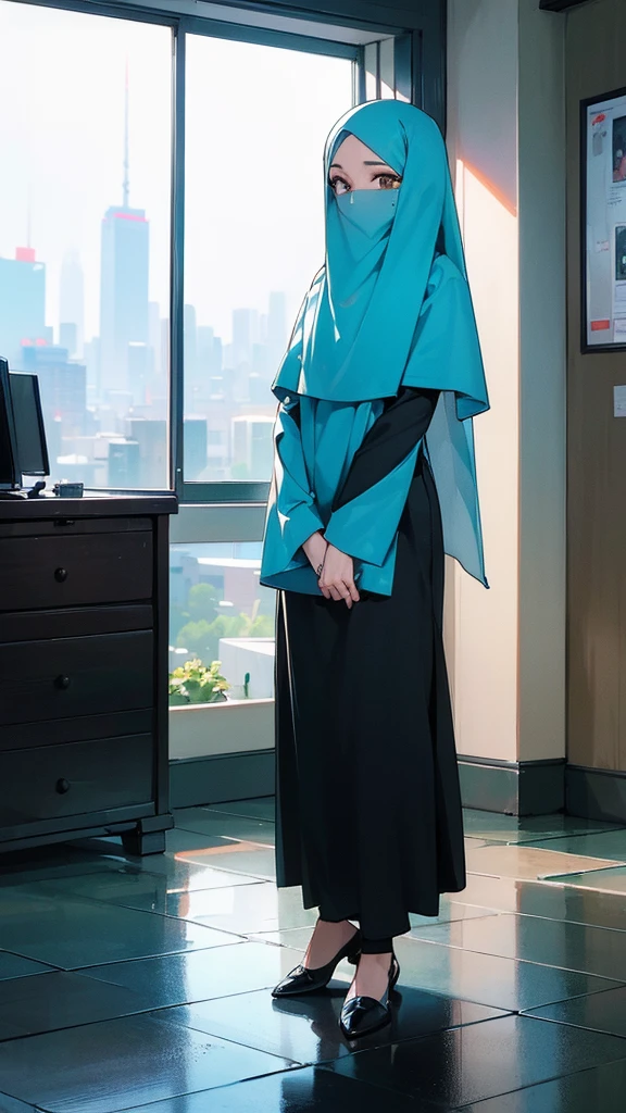 ((Best quality, 8k, Masterpiece :1.3)), Full body, Sharp focus :1.2, Beautiful woman with perfect figure :1.4, Slender stomach :1.2, ((cyan, and black hair)), body dress : 1.1 , ( Night city view, large window, rain outside, Bedroom :1.1), Highly detailed facial and skin textures, Detailed eyes, Double eyelids, Muslim clothing, hijab, Interior Scene, Office, restrained