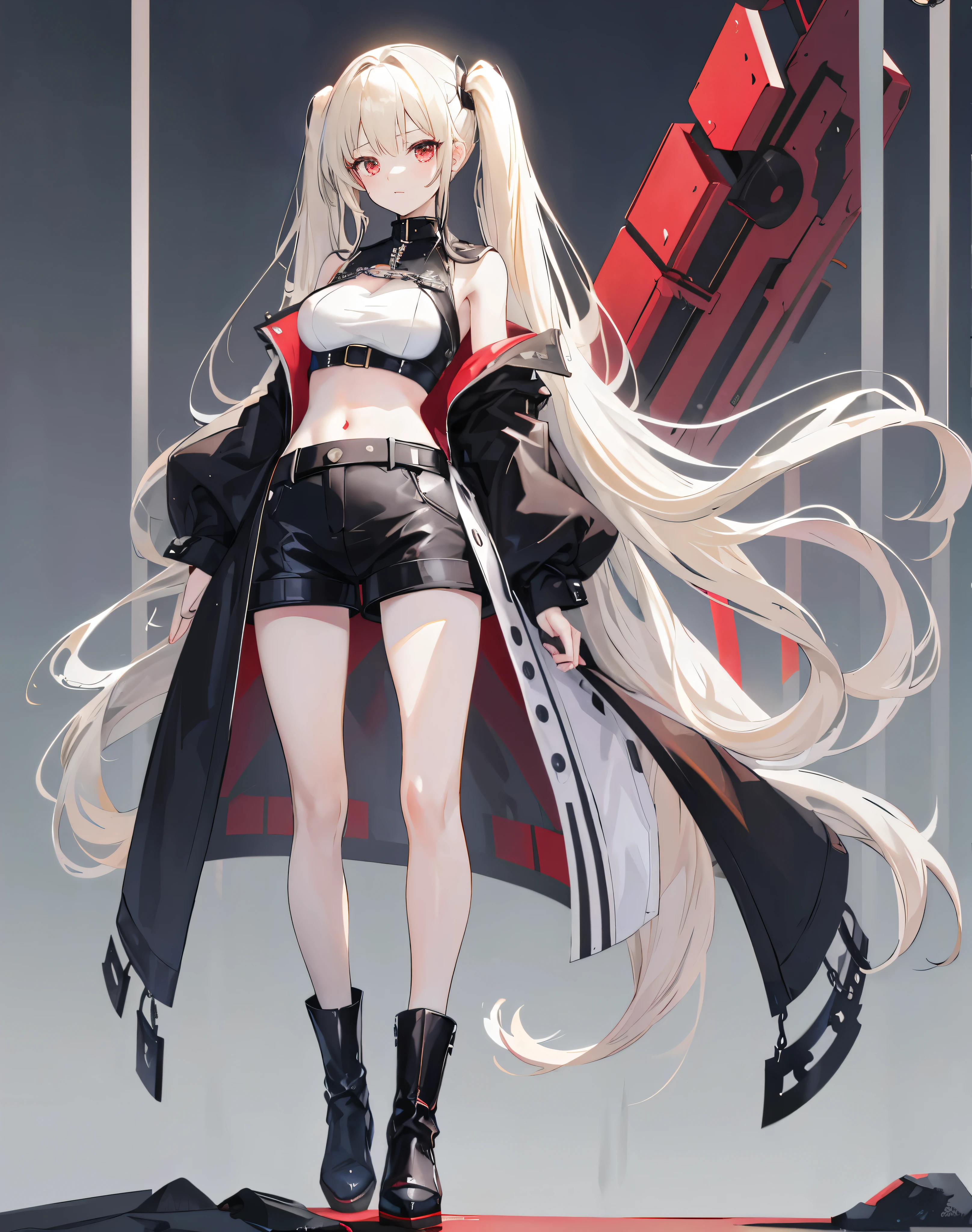 Twin tails,Hair colorbeige,Eyes red,((Voluminous Hair 1.8,Hair is clear 1.6)), Hair that falls over the shoulders, Very long hair, Shiny Hair,Beautiful girl,Black clothing,Belly button exposed,big black long coat,Black shorts,Black long boots,Perfect body,Tall and tall,Thinness,on simple background,Background white,(round, Medium Large, Firm breasts),Standing on a stone,chain,(Long legs,Long legs,Long legs,Perfect leg shape),Full body photo。