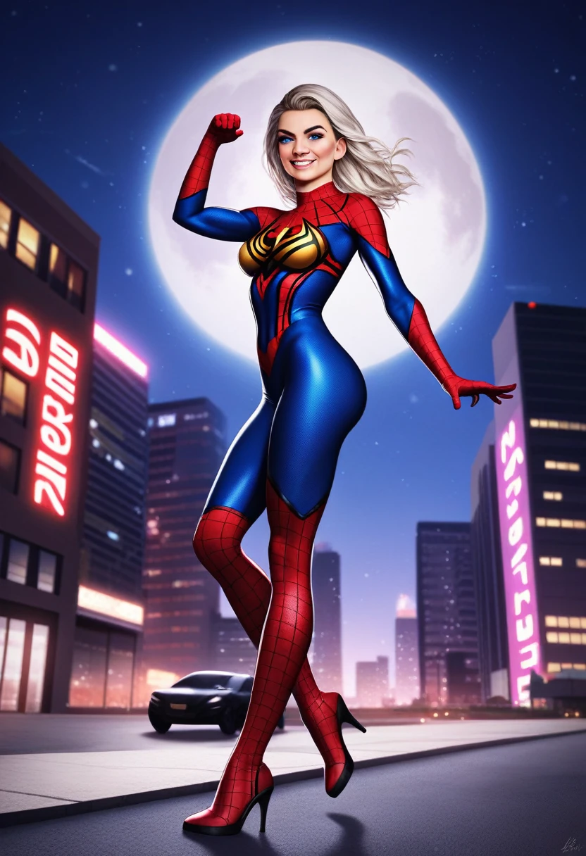 Margot Robbie (Masterpiece, 4K resolution, Very realistic, very detailed), (white superhero theme, charming, There was a young woman at the top of the city., Wearing a Spiderman costume, She is a superhero), [ (25 years), (long white hair:1.2), full body, (blue eyes:1.2), ((spiderman pose),show of strength, Jump from one building to another.), ((Sandy city environment):0.8)| (city scenery, at night, dynamic lights), (full moon))] # explanations: Most prompts describe ultra-high definition 4K drawing., Very realistic, very detailed. It shows a superhero on top of the city., Wearing a Spiderman costume. ธีมในภาพวาดเป็นwhite superhero theme, the female protagonist has long white hair, is 25 years old and her entire body is shown in the painting. In terms of depicting superhero actions, Spiders are used