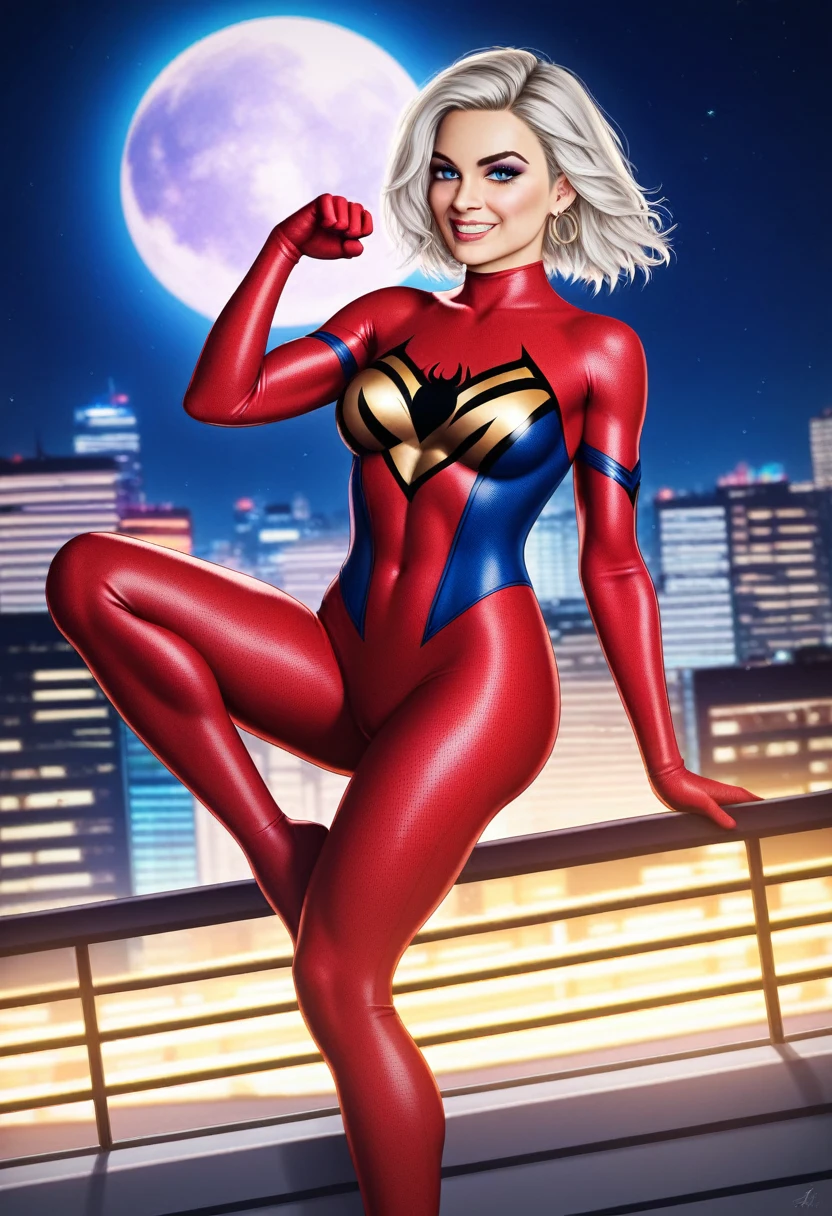 Margot Robbie (Masterpiece, 4K resolution, Very realistic, very detailed), (white superhero theme, charming, There was a young woman at the top of the city., Wearing a Spiderman costume, She is a superhero), [ (25 years), (long white hair:1.2), full body, (blue eyes:1.2), ((spiderman pose),show of strength, Jump from one building to another.), ((Sandy city environment):0.8)| (city scenery, at night, dynamic lights), (full moon))] # explanations: Most prompts describe ultra-high definition 4K drawing., Very realistic, very detailed. It shows a superhero on top of the city., Wearing a Spiderman costume. ธีมในภาพวาดเป็นwhite superhero theme, the female protagonist has long white hair, is 25 years old and her entire body is shown in the painting. In terms of depicting superhero actions, Spiders are used