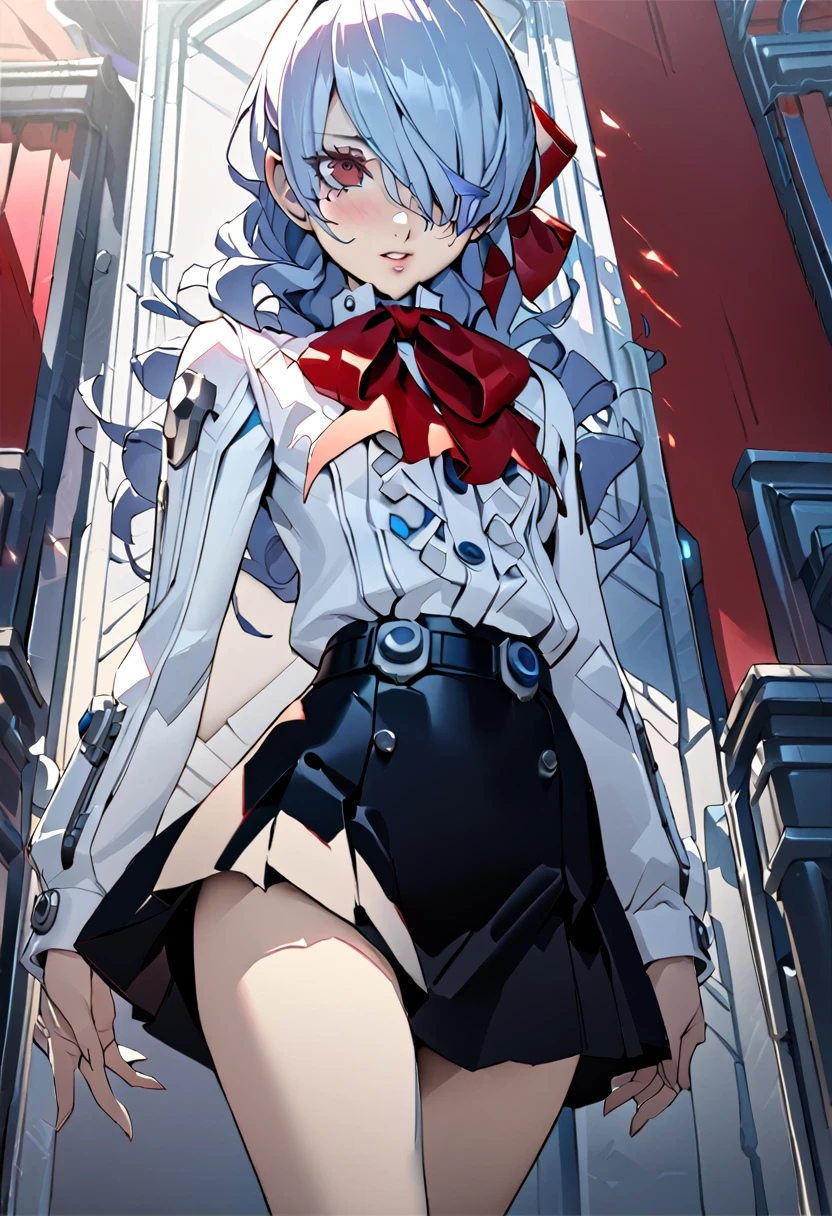 (best quality, ultra-detailed, illustration, an extremely delicate and beautiful, anime:1.2), (master piece:1.3), kirijodef, hair over one eye, gekkoukan high , white shirt, long sleeves, red bow, black skirt