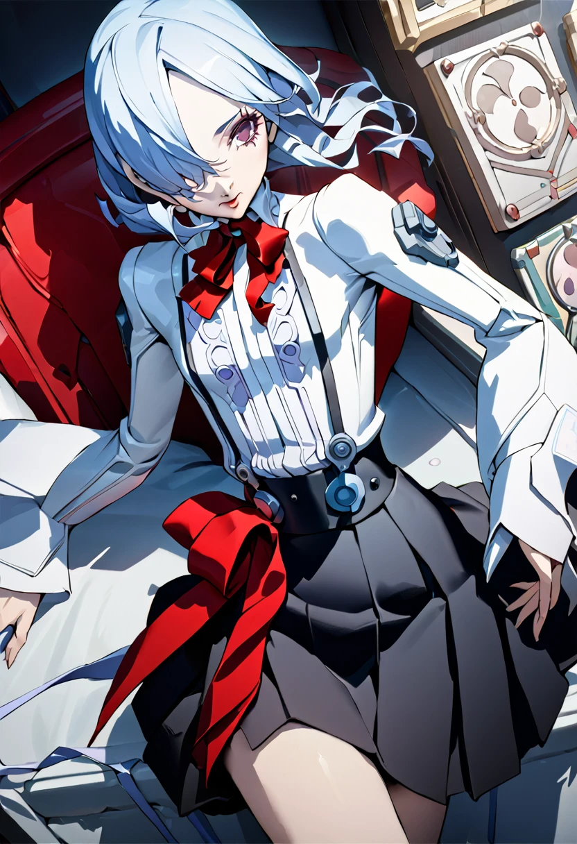 (best quality, ultra-detailed, illustration, an extremely delicate and beautiful, anime:1.2), (master piece:1.3), kirijodef, hair over one eye, gekkoukan high , white shirt, long sleeves, red bow, black skirt