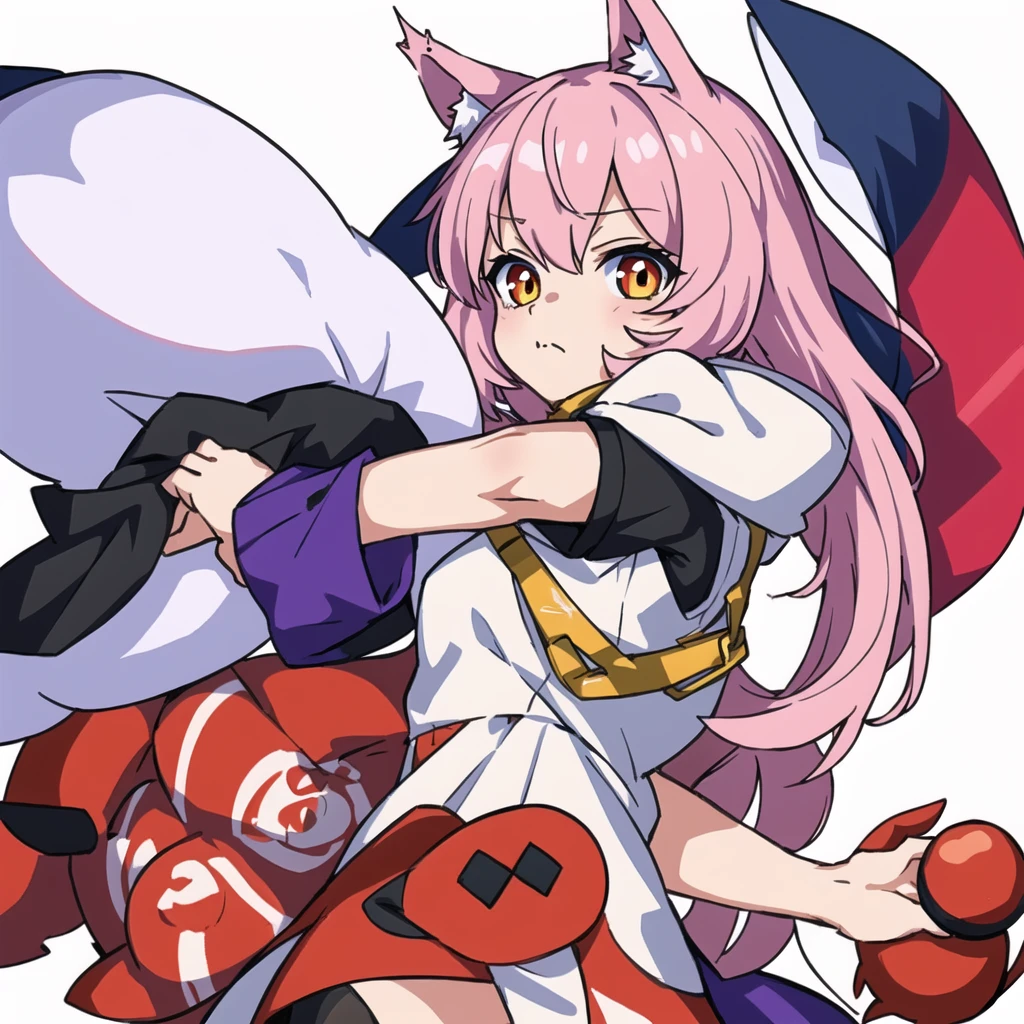 wolf girl, pozemka, arknights, pink hair, wolf ears, black and white and red dress, ((chibi)), ((white background)), twitch emote, emote, twitch,, (masterpiece:1.2, best quality:1.2), ((masterpiece)), (((best quality))), ((ultra-detailed)), ((illustration)), anatomy