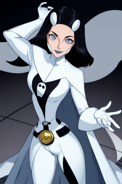 Phantom girl, Tinya Wazzo, solo, girl1, black hair, bodysuit. grey eyes, smile, ghost logo, legs, grey lips, belt, white cape, white gloves, cowboy shot, looking at viewer