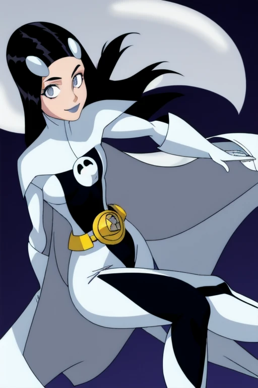 Phantom girl, Tinya Wazzo, solo, girl1, black hair, bodysuit. grey eyes, smile, ghost logo, legs, grey lips, belt, white cape, white gloves, cowboy shot, looking at viewer