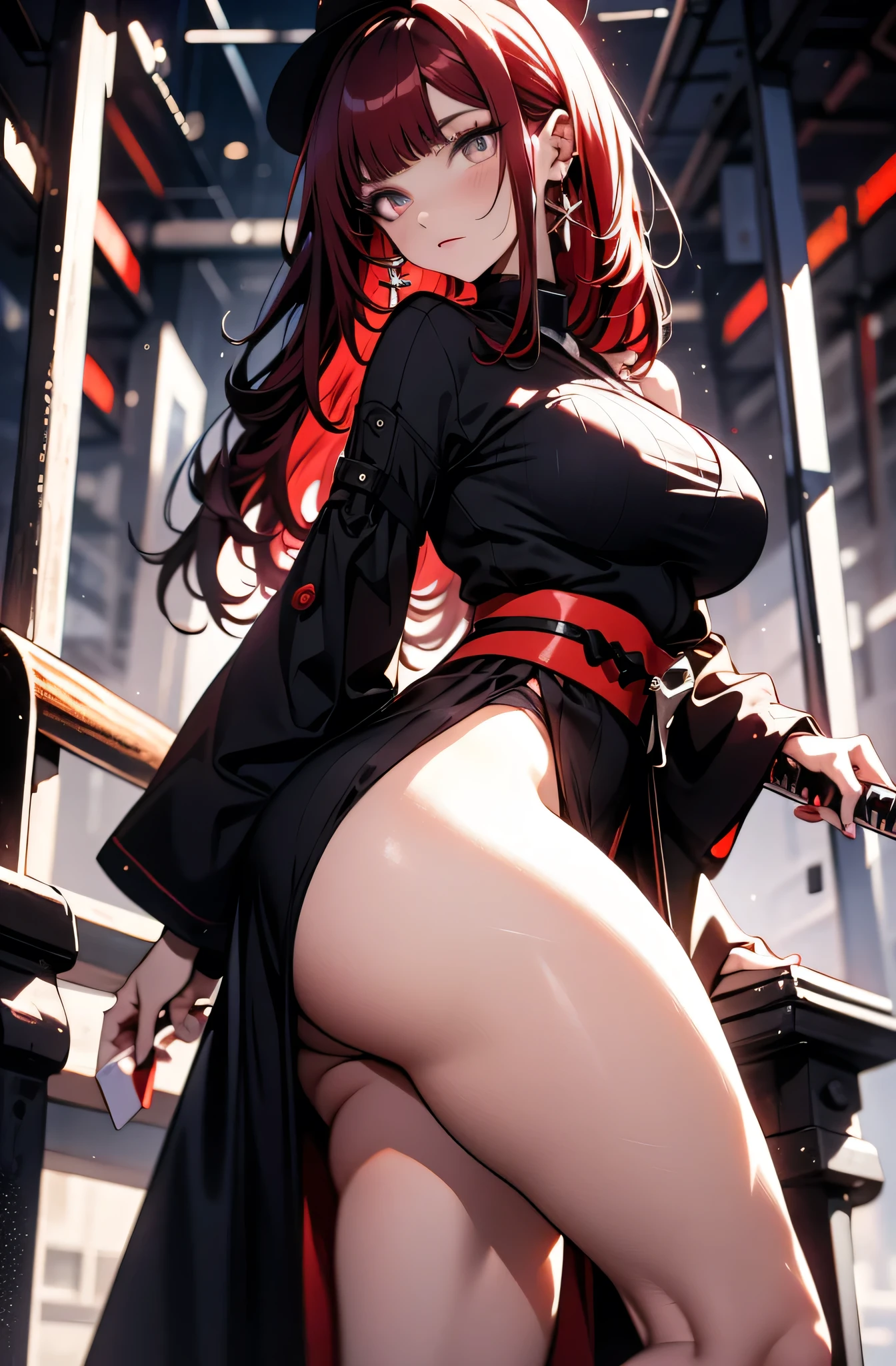 highschool student, female, , sexy body, voluptuous figure, tightsuit, red hair, red decolored hair, alone, samurai class, persona 5 style, human, beautifull face, long hair, defined body, red and bright eyes, thick legs, strong legs, tall, Voluptuous legs, black robes, huge ass, big hip, big ass, black and red robes, tall girl, magic powers, expert with katana,
