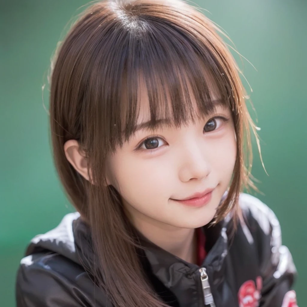 Japanese、(((Beautiful girl small breasts))),(((Flat chest like a boy))),(((Cute face like an elementary school student))),Wearing a black jacket, Long Hair, Cyberpunk Red Green Background、(((Upper body naked))),smile,Young Face,、Round face,Big eyes, Round eyes、No makeup