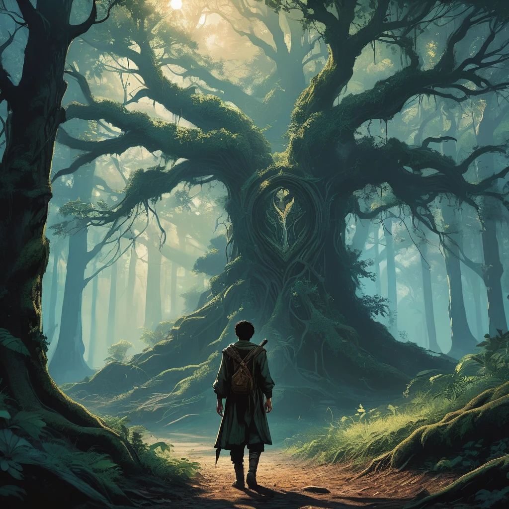 Under the canopy of ancient, twisted trees, a young male teenager with short black hair stands at the edge of a foreboding forest. His simple brown farmer's outfit, worn and patched, contrasts sharply with the shadowy, mystical ambiance of the woods.

From the back, he appears to be contemplating the path before him, the dim light of the setting sun casting long shadows around him. The forest ahead is thick with gnarled roots and whispering leaves, alive with the unseen presence of mythical creatures and hidden dangers.

In his hand, he clutches a worn leather satchel, a symbol of his humble beginnings and the simple life he left behind. As he steps forward, the forest seems to close in, the air growing colder and filled with the faint sounds of distant howls and rustling underbrush.

What secrets lie ahead on the path he has chosen? What trials will he face in the heart of the dark, enchanted forest? This is the beginning of his journey, one that will test his courage, resolve, and the very essence of his character.