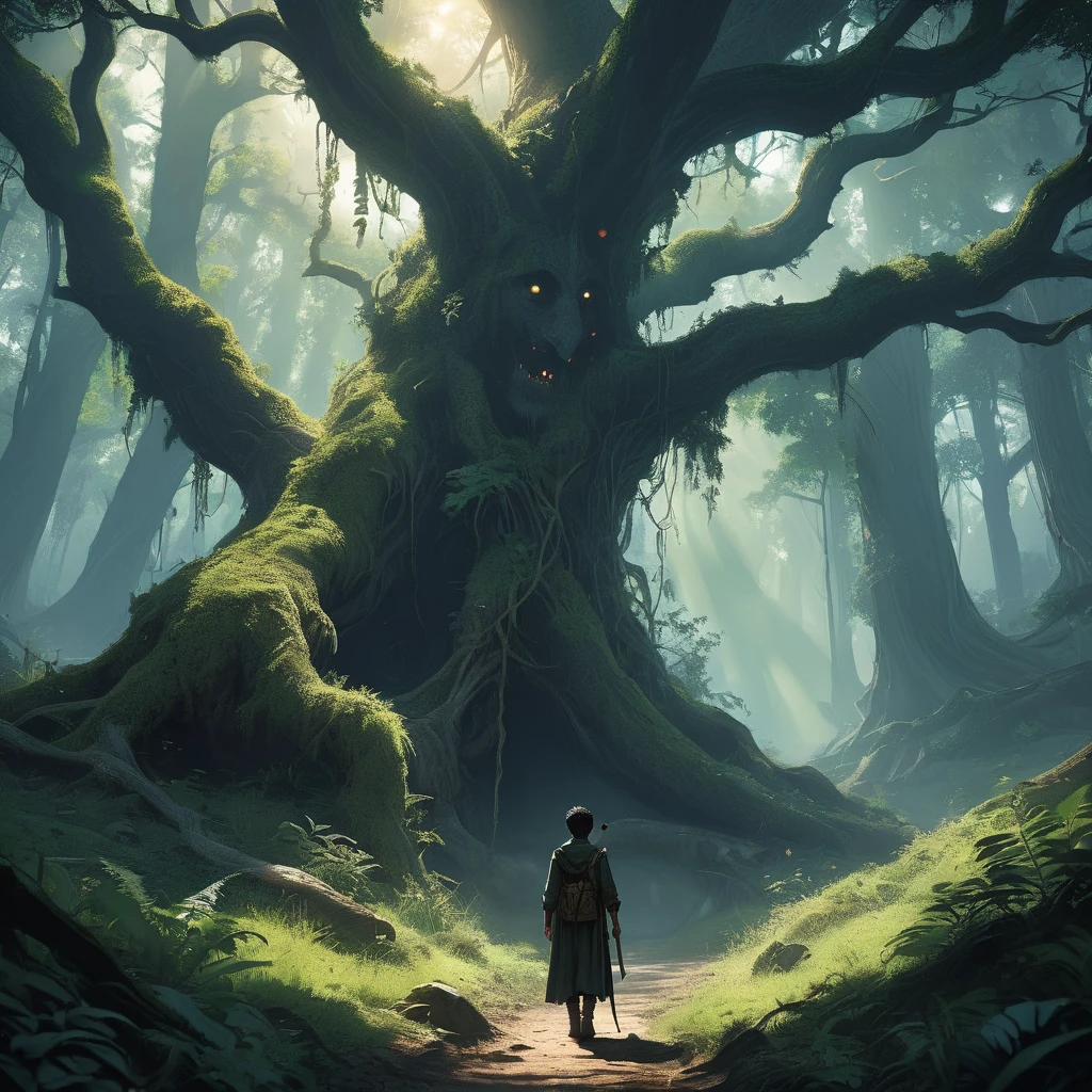 Under the canopy of ancient, twisted trees, a young male teenager with short black hair stands at the edge of a foreboding forest. His simple brown farmer's outfit, worn and patched, contrasts sharply with the shadowy, mystical ambiance of the woods.

From the back, he appears to be contemplating the path before him, the dim light of the setting sun casting long shadows around him. The forest ahead is thick with gnarled roots and whispering leaves, alive with the unseen presence of mythical creatures and hidden dangers.

In his hand, he clutches a worn leather satchel, a symbol of his humble beginnings and the simple life he left behind. As he steps forward, the forest seems to close in, the air growing colder and filled with the faint sounds of distant howls and rustling underbrush.

What secrets lie ahead on the path he has chosen? What trials will he face in the heart of the dark, enchanted forest? This is the beginning of his journey, one that will test his courage, resolve, and the very essence of his character.