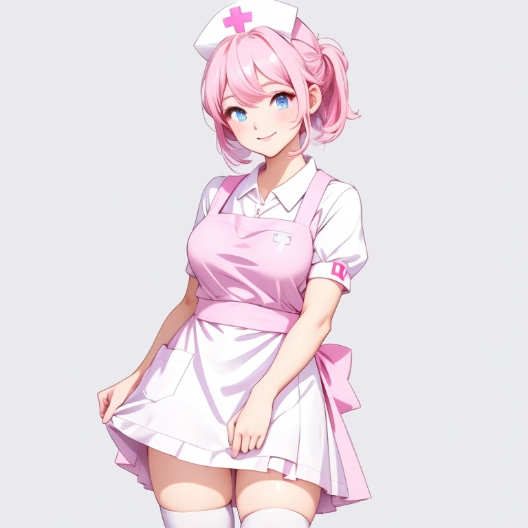 1girl, solo, nurse, nurse cap, pink collared dress, white apron, ((white legwear, zettai ryouiki)), white gloves, pink hair, blue eyes, drooping eyes, smile, standing, sharp outline, short sleeves, gray background, simple background, best quality, masterpiece