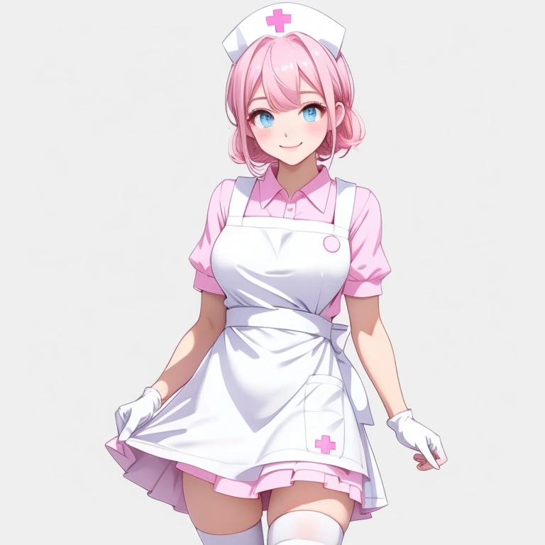 1girl, solo, nurse, nurse cap, pink collared dress, white apron, ((white legwear, zettai ryouiki)), white gloves, pink hair, blue eyes, drooping eyes, smile, standing, sharp outline, short sleeves, gray background, simple background, best quality, masterpiece