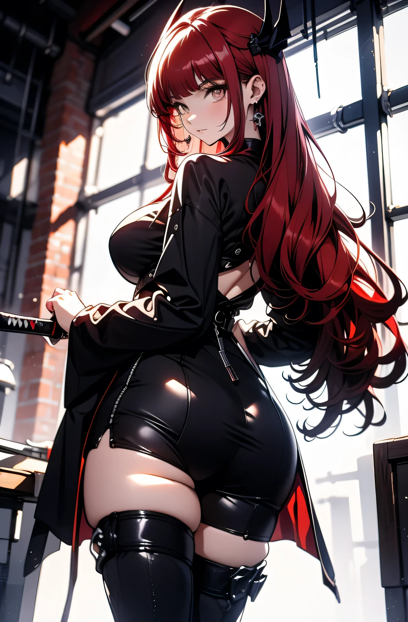 high, female, 17 years old, oluptuous figure, tightsuit, red hair, red decolored hair, alone, samurai class, persona 5 style, human, beautifull face, long hair, defined body, red and bright eyes, thick legs, strong legs, tall, Voluptuous legs, black robes, huge ass, big hip, big ass, black and red robes, tall girl, magic powers, expert with katana,
