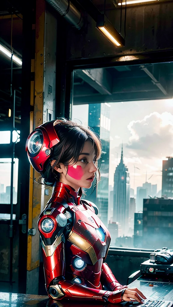 (1girl:1.3), solo,__body-parts__, official art, unity 8k wallpaper, ultra detailed, beautiful and aesthetic, beautiful, masterpiece, best quality, RAW, masterpiece, super fine photo,, best quality, super high Resolution, photorealistic, sunlight, full body portrait, stunningly beautiful,, dynamic pose, delicate face, vibrant eyes, (side view), she is wearing a futuristic Iron Man mech, red and gold, Highly detailed abandoned warehouse background, detailed face, detailed complex busy background, messy, gorgeous, milky, high detailed skin, realistic skin details, visible pores, sharp focus, volumetric fog, 8k uhd, dslr camera, High quality, film grain, fair skin, photorealism, lomography, sprawling metropolis in a futuristic dystopia, view from below, translucent