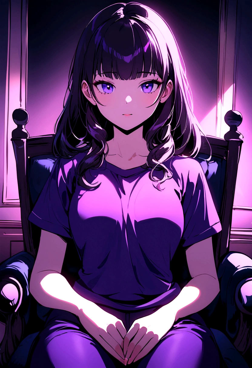 Russian girl, 20 years old, Sexy, Purple velvet pants velvet t-shirt Sitting on a chair In the living room
