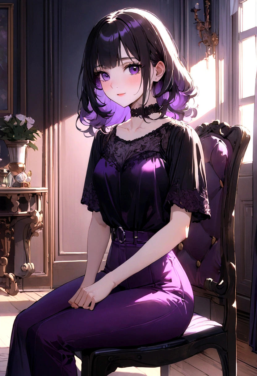 Russian girl, 20 years old, Sexy, Purple velvet pants velvet t-shirt Sitting on a chair In the living room