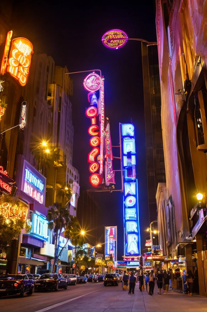 A stunning nighttime photograph of the Hard Rock Cafe on Hollywood Boulevard, Los Angeles, California. The sidewalk is adorned with iconic Hollywood stars, and the cinematic lighting creates a vibrant atmosphere. The city street is bustling with activity, and the Hard Rock Cafe's signature guitar-shaped sign stands out prominently. The image, with its ISO 100 and wide-angle view, captures the essence of Los Angeles at night, showcasing the glamour and excitement of the city., cinematic, photo