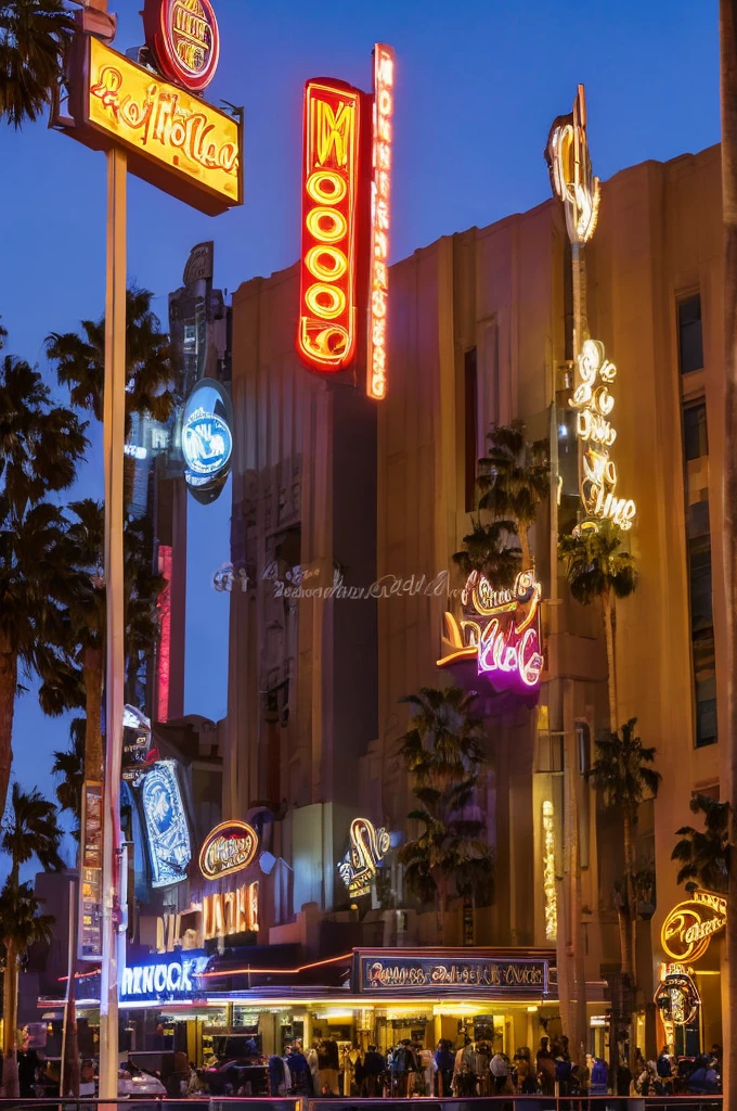 A stunning nighttime photograph of the Hard Rock Cafe on Hollywood Boulevard, Los Angeles, California. The sidewalk is adorned with iconic Hollywood stars, and the cinematic lighting creates a vibrant atmosphere. The city street is bustling with activity, and the Hard Rock Cafe's signature guitar-shaped sign stands out prominently. The image, with its ISO 100 and wide-angle view, captures the essence of Los Angeles at night, showcasing the glamour and excitement of the city., cinematic, photo