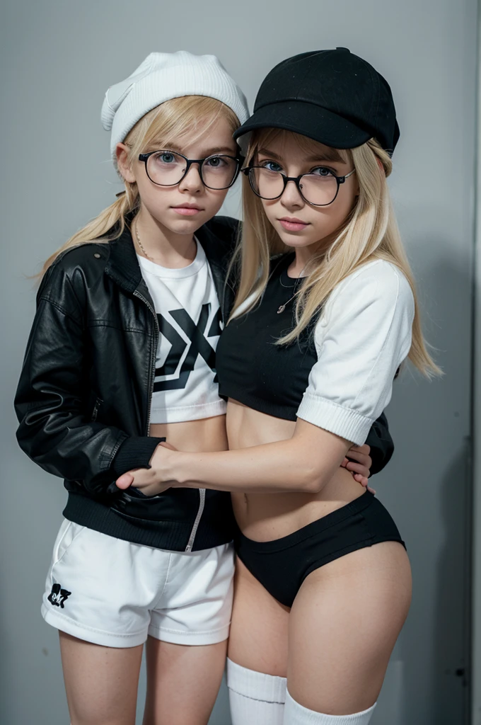 The boy hugs the girl wearing a black crop top, black mini skirt, white hils, white knee length socks, blonde hair, blue eyes, wearing glasses and a black hat, the boy is wearing a black jacket with the initials Cici Dev, black shorts, white shoes, white jackets, blonde hair, pke black and white hat with glasses,3D