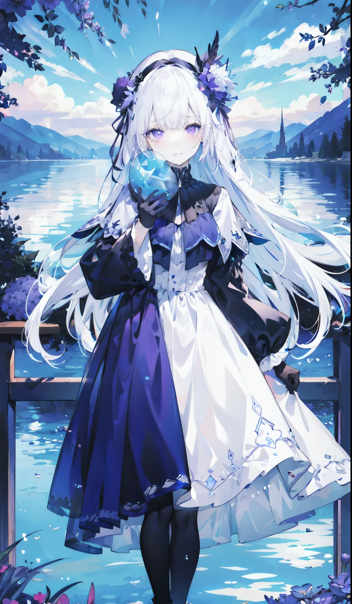 ((masterpiece:1.4,best quality)),(Very detailed),(Extremely detailed eyes),(Black leggings,Shiny socks:1.5),Hello Darkness
(Sexy Girls),(28 year old girl),(Blood-red pupils,Diamond-shaped pupil:1.15),Purple Eyeshadow,(Long hair,Thick hair,Shiny hair:1.5)(Changes through:1.2),White skin,despair,sad,Empty eyes,Tears streamed down my face,Tilt your head to one side,kneel
(She wears blue armor,A blue dress,:1.5),(Blue gloves:1.4)Extra long plush sleeves,White,White Cloud,Dream bubbles ,Ice and glitter effects
(Black long skirt:1.1),
(dawn:1.2),
(Intense black and white:1.16),(Depth of Field:1.4),,Intricate details,(Sky Castle,Standing by the lake,Purple flowers by the lake)