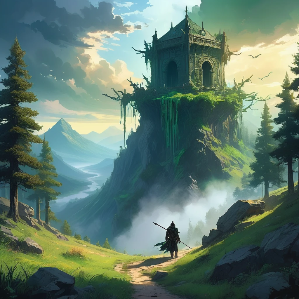 Amidst the rugged peaks of the Verdant Spine Mountains, where emerald valleys stretch beneath an endless sky and ancient stones bear witness to forgotten battles, strides a young boy named Ealdric. His tousled black hair catches the sunlight filtering through dense canopies of towering pines, casting dappled shadows on his weathered brown tunic and leather breeches.
Ealdric's journey through the mountain pass is fraught with both peril and wonder. Around him, the land teems with whispers of eldritch creatures and the remnants of ancient magic—a testament to a time when wizards and warlords waged battles for dominion over these untamed lands. The air is alive with the scent of pine and wildflowers, and the distant cry of a mountain hawk echoes through the valleys below.
With a satchel slung over his shoulder and a wooden staff in hand, Ealdric navigates the winding trails that lead deeper into the heart of the mountains. Each step brings him closer to the mysteries that lie hidden amidst the craggy peaks and shimmering lakes, where legends of lost kingdoms and fabled treasures beckon to those brave enough to seek them.
In the distance, the silhouette of an ancient watchtower stands sentinel against the azure sky, its crumbling battlements a testament to the passage of time and the resilience of those who once called these mountains home. Ealdric pauses, gazing out across the sweeping vista of rolling hills and verdant meadows that stretch as far as the eye can see—a world ripe with adventure and untold secrets waiting to be discovered.
In this AI-generated image inspired by medieval dark fantasy, capture the essence of Ealdric's journey: the juxtaposition of youthful innocence against the backdrop of a rugged and mystical landscape, where every shadow holds the promise of peril and every ray of sunlight illuminates the path to destiny.