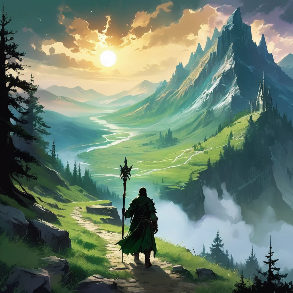 Amidst the rugged peaks of the Verdant Spine Mountains, where emerald valleys stretch beneath an endless sky and ancient stones bear witness to forgotten battles, strides a young boy named Ealdric. His tousled black hair catches the sunlight filtering through dense canopies of towering pines, casting dappled shadows on his weathered brown tunic and leather breeches.
Ealdric's journey through the mountain pass is fraught with both peril and wonder. Around him, the land teems with whispers of eldritch creatures and the remnants of ancient magic—a testament to a time when wizards and warlords waged battles for dominion over these untamed lands. The air is alive with the scent of pine and wildflowers, and the distant cry of a mountain hawk echoes through the valleys below.
With a satchel slung over his shoulder and a wooden staff in hand, Ealdric navigates the winding trails that lead deeper into the heart of the mountains. Each step brings him closer to the mysteries that lie hidden amidst the craggy peaks and shimmering lakes, where legends of lost kingdoms and fabled treasures beckon to those brave enough to seek them.
In the distance, the silhouette of an ancient watchtower stands sentinel against the azure sky, its crumbling battlements a testament to the passage of time and the resilience of those who once called these mountains home. Ealdric pauses, gazing out across the sweeping vista of rolling hills and verdant meadows that stretch as far as the eye can see—a world ripe with adventure and untold secrets waiting to be discovered.
In this AI-generated image inspired by medieval dark fantasy, capture the essence of Ealdric's journey: the juxtaposition of youthful innocence against the backdrop of a rugged and mystical landscape, where every shadow holds the promise of peril and every ray of sunlight illuminates the path to destiny.
