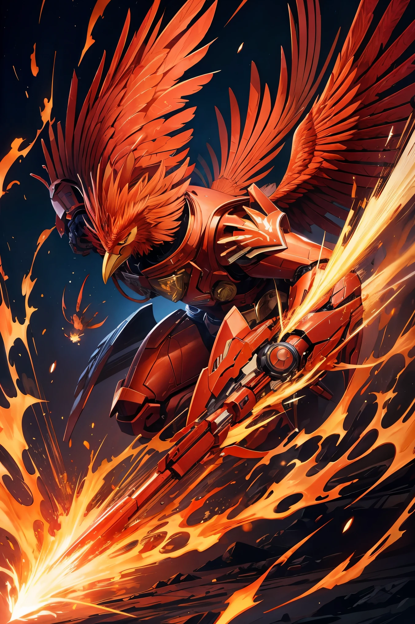 Red Theme, Phoenix Mecha, Rooster's head Chicken's head, Mecha Wings, cyber punk, Highest quality, masterpiece, unmanned, whole body, Wonders of the machine, strong, moon, City in Ruins, Highest qualityのデジタルアート, Great art, wallpaper 4k, Very detailed, military用ロボット, military, war zone, Dynamic Lighting, movie, amazing, Damaged machine parts