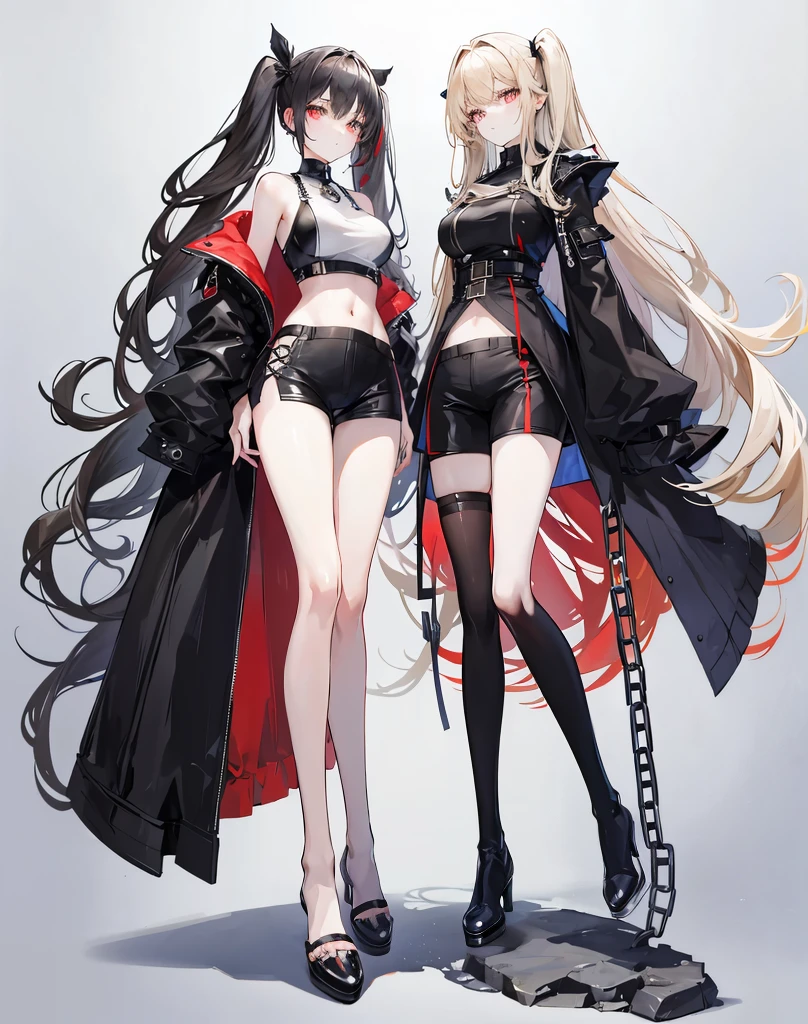Twin tails,Hair colorbeige,Eyes red,((Voluminous Hair 1.8,Hair is clear 1.6)), Hair that falls over the shoulders, Very long hair, Shiny Hair,Beautiful girl,Black clothing,Belly button exposed,big black long coat,Black shorts,Black long boots,Perfect body,Tall and tall,Thinness,on simple background,Background white,(round, Medium Large, Firm breasts),Standing on a stone,chain,(Long legs,Long legs,Long legs,2 legs,Perfect leg shape),Full body photo。